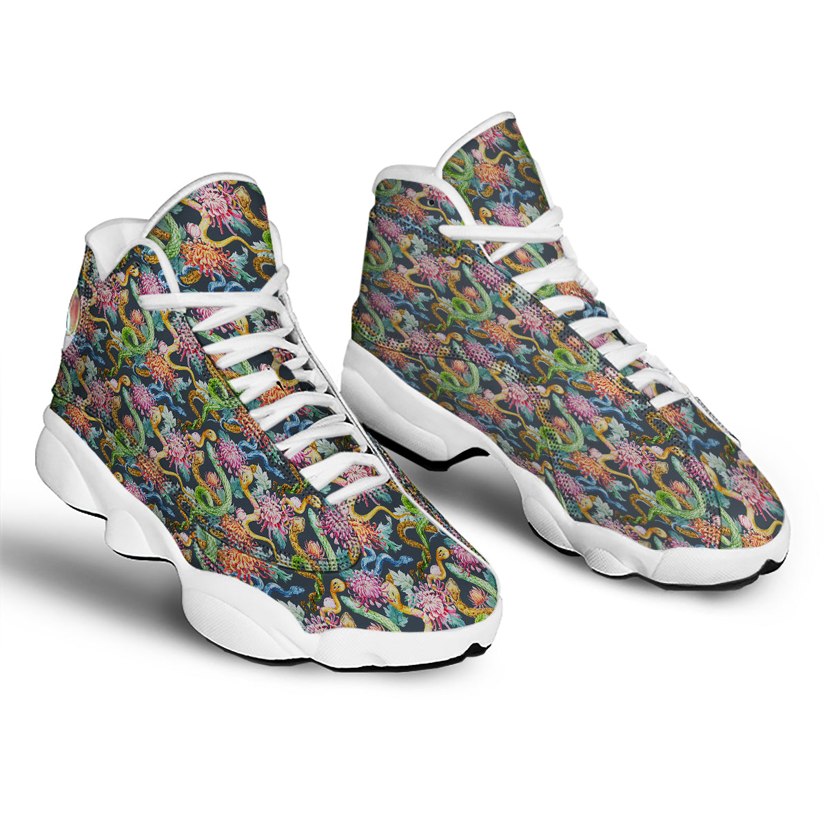 Watercolor Snake Chrysanthemum Flowers Print Pattern White Basketball Shoes-grizzshop