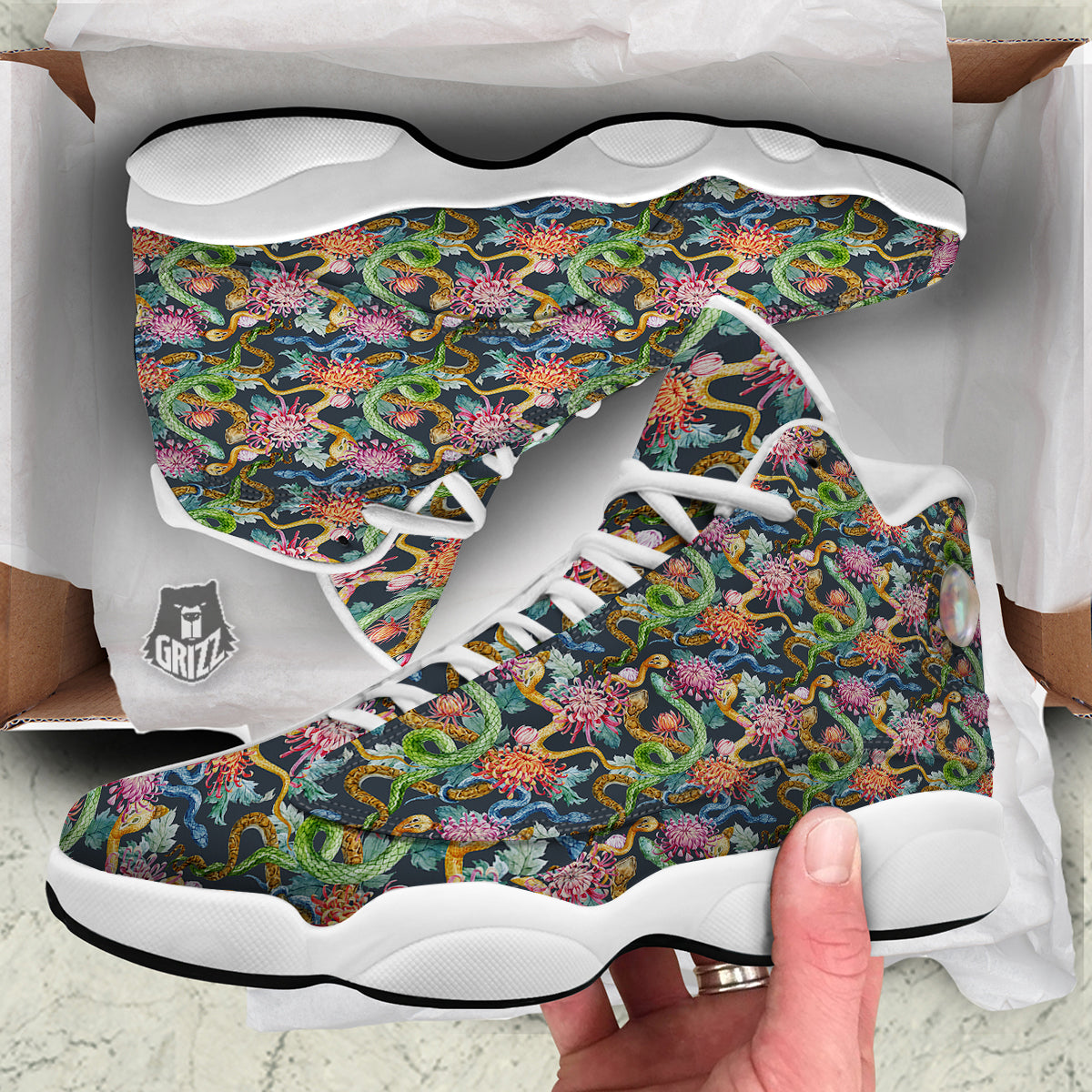 Watercolor Snake Chrysanthemum Flowers Print Pattern White Basketball Shoes-grizzshop