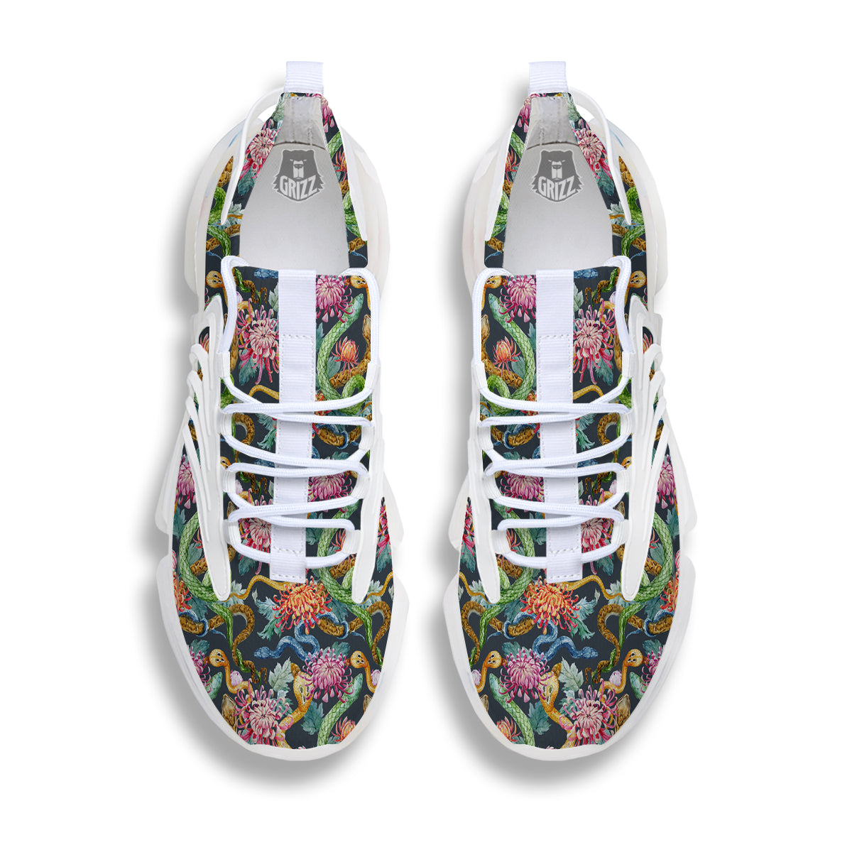 Watercolor Snake Chrysanthemum Flowers Print Pattern White Gym Shoes-grizzshop
