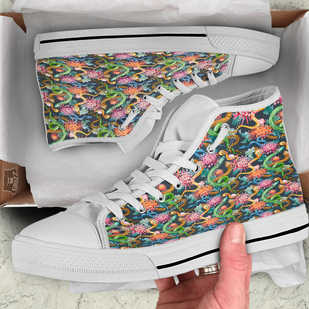 Watercolor Snake Chrysanthemum Flowers Print Pattern White High Top Shoes-grizzshop