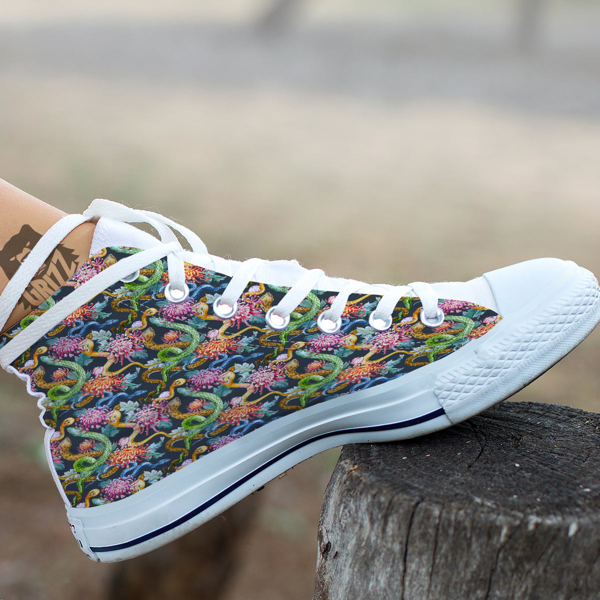Watercolor Snake Chrysanthemum Flowers Print Pattern White High Top Shoes-grizzshop
