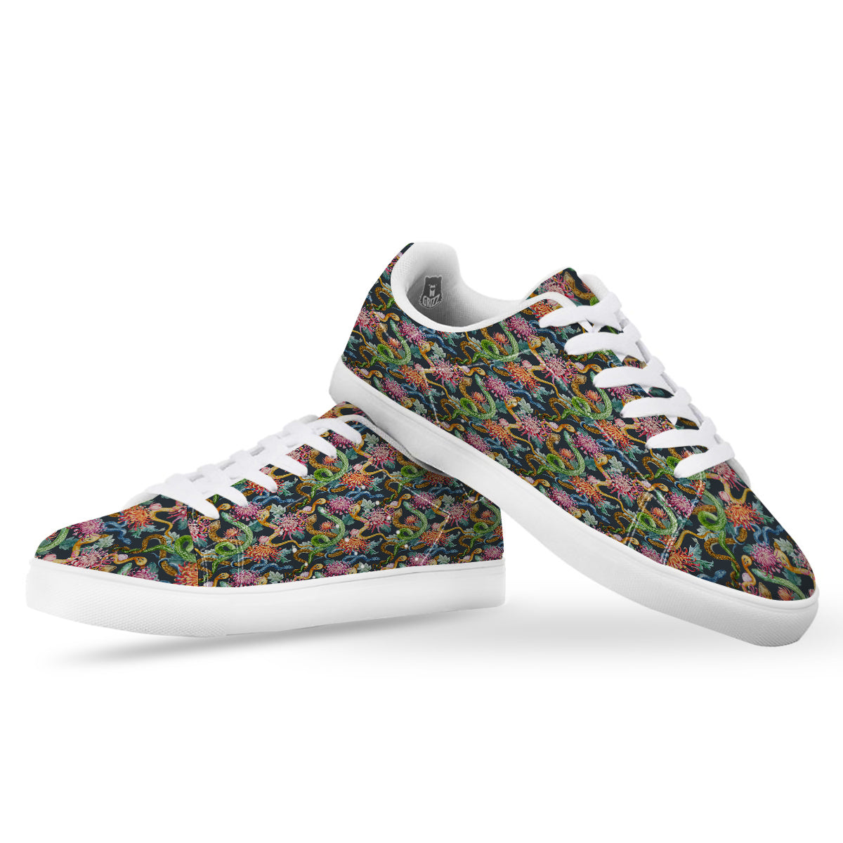 Watercolor Snake Chrysanthemum Flowers Print Pattern White Low Top Sneakers-grizzshop