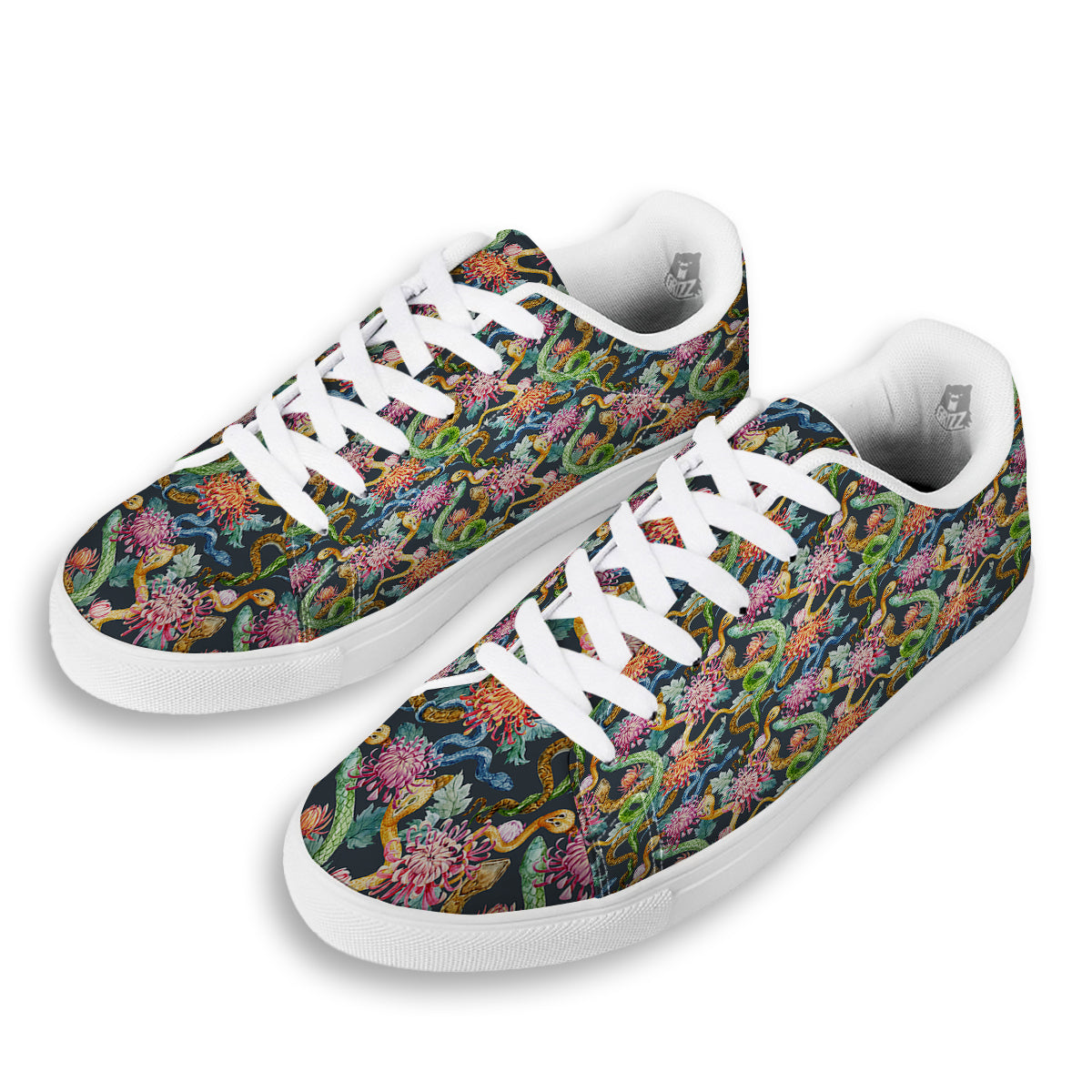 Watercolor Snake Chrysanthemum Flowers Print Pattern White Low Top Sneakers-grizzshop