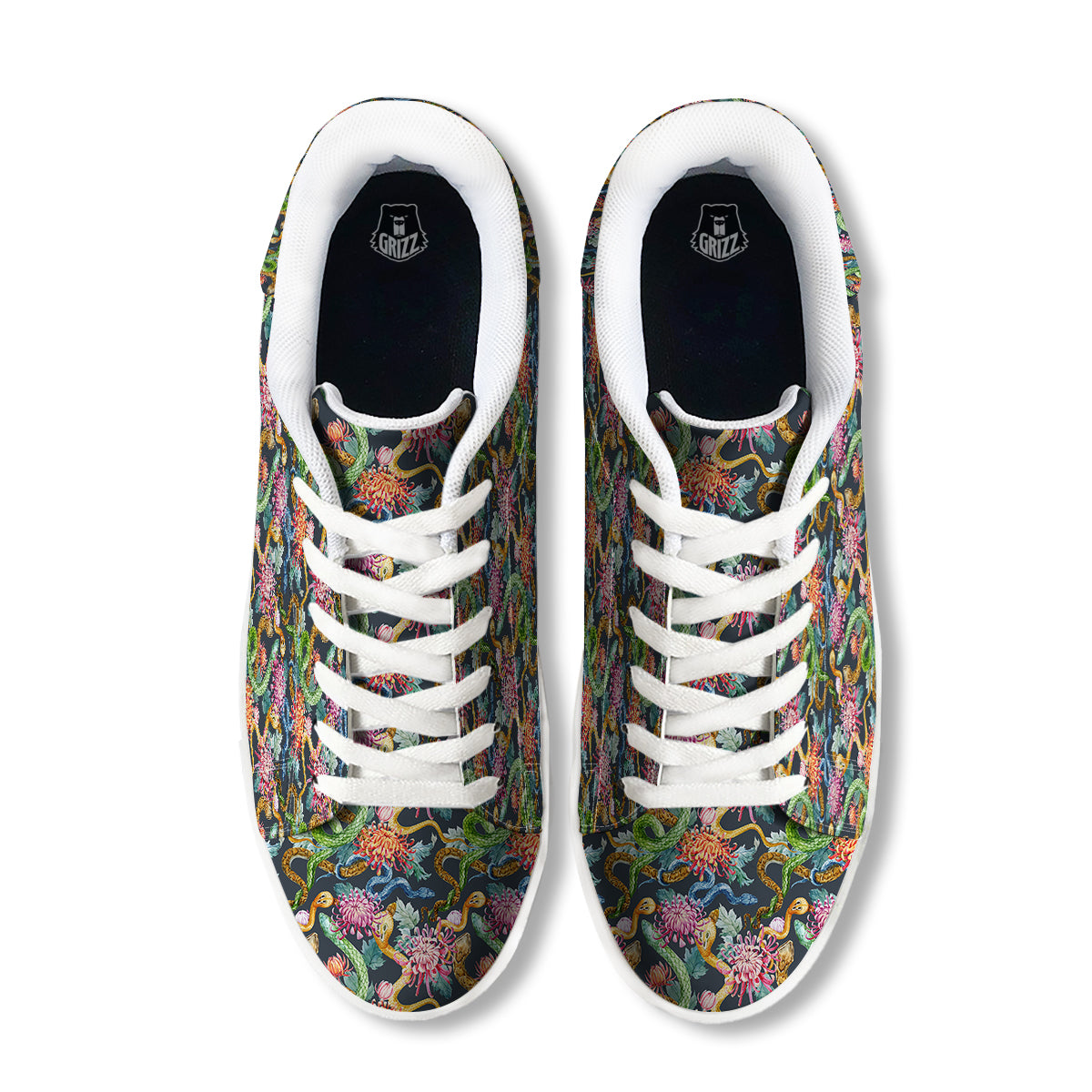 Watercolor Snake Chrysanthemum Flowers Print Pattern White Low Top Sneakers-grizzshop