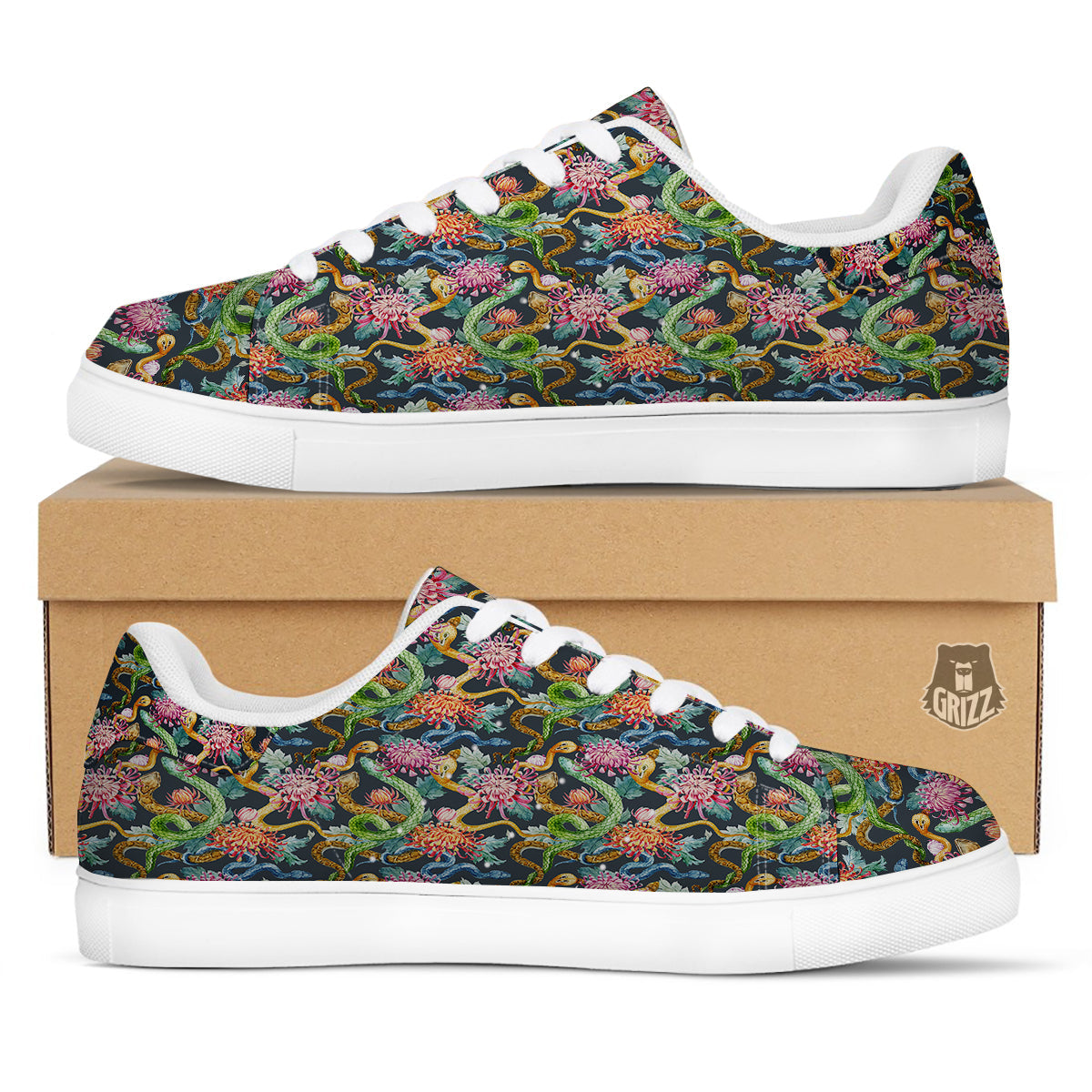 Watercolor Snake Chrysanthemum Flowers Print Pattern White Low Top Sneakers-grizzshop
