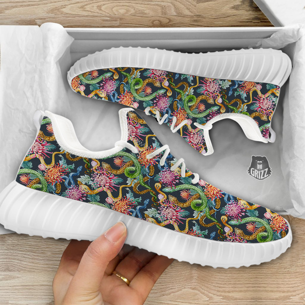 Watercolor Snake Chrysanthemum Flowers Print Pattern White Walking Shoes-grizzshop