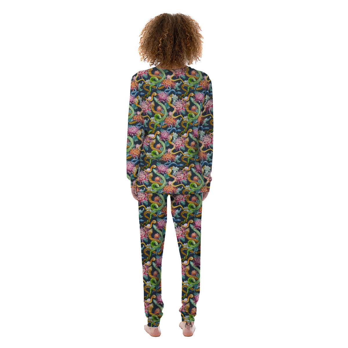 Watercolor Snake Chrysanthemum Flowers Print Pattern Women's Pajamas-grizzshop