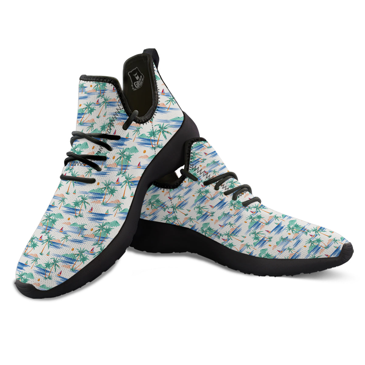 Watercolor Summer Island Palm Tree Print Pattern Black Athletic Shoes-grizzshop