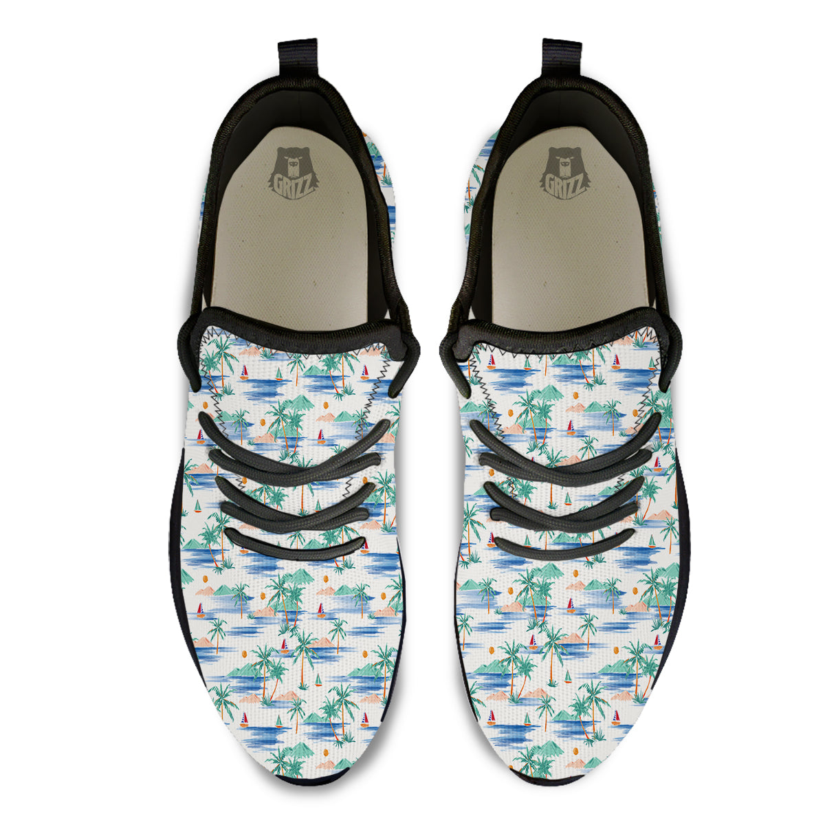 Watercolor Summer Island Palm Tree Print Pattern Black Athletic Shoes-grizzshop