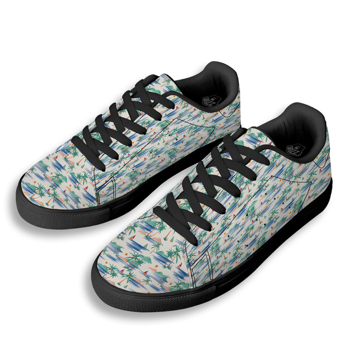 Watercolor Summer Island Palm Tree Print Pattern Black Low Top Sneakers-grizzshop