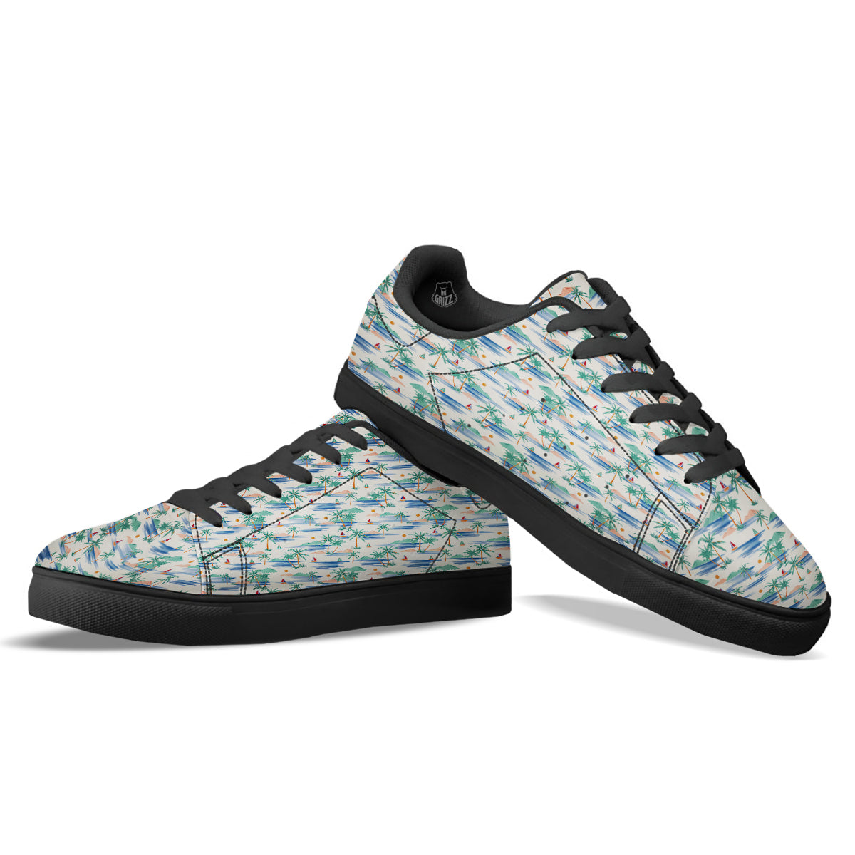 Watercolor Summer Island Palm Tree Print Pattern Black Low Top Sneakers-grizzshop