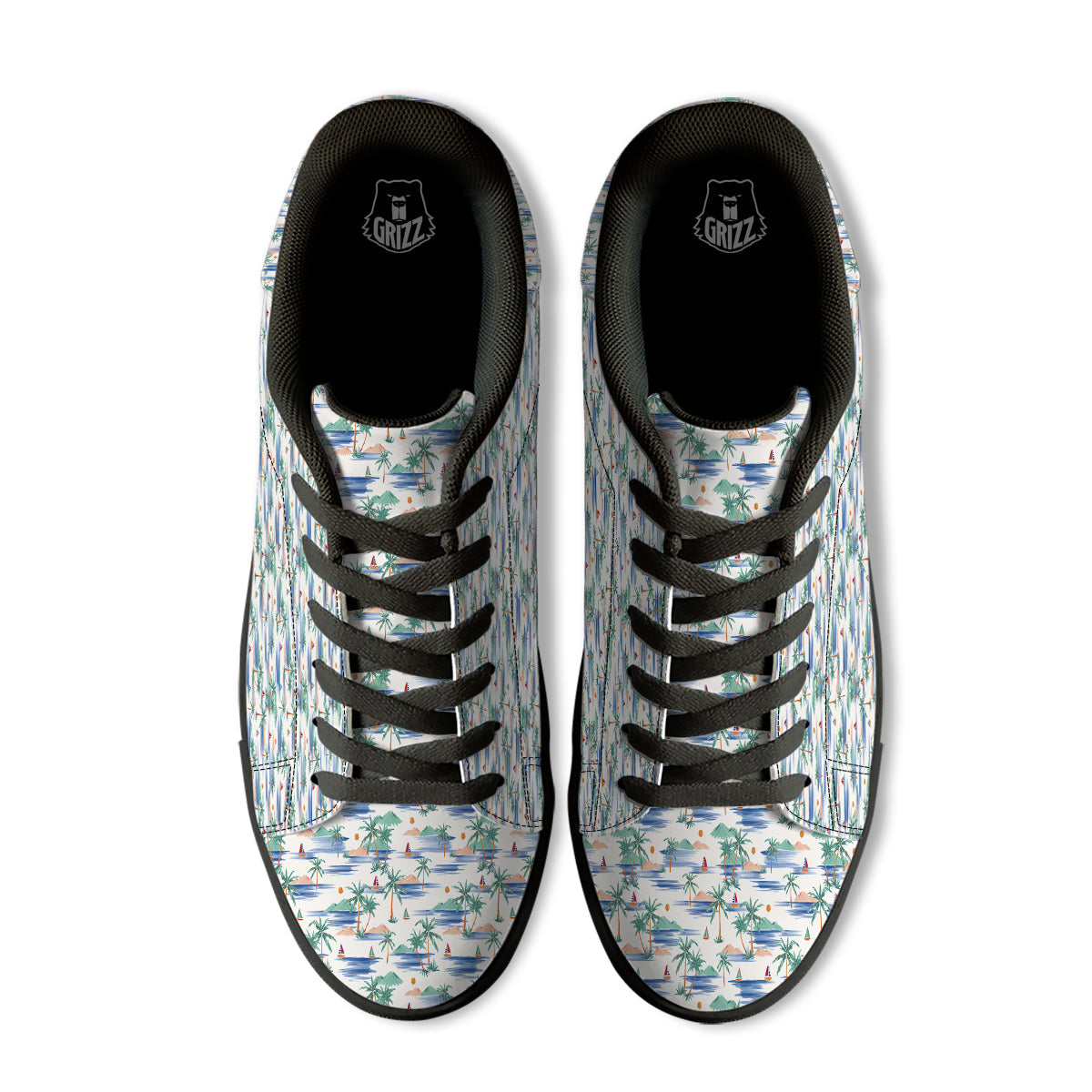 Watercolor Summer Island Palm Tree Print Pattern Black Low Top Sneakers-grizzshop