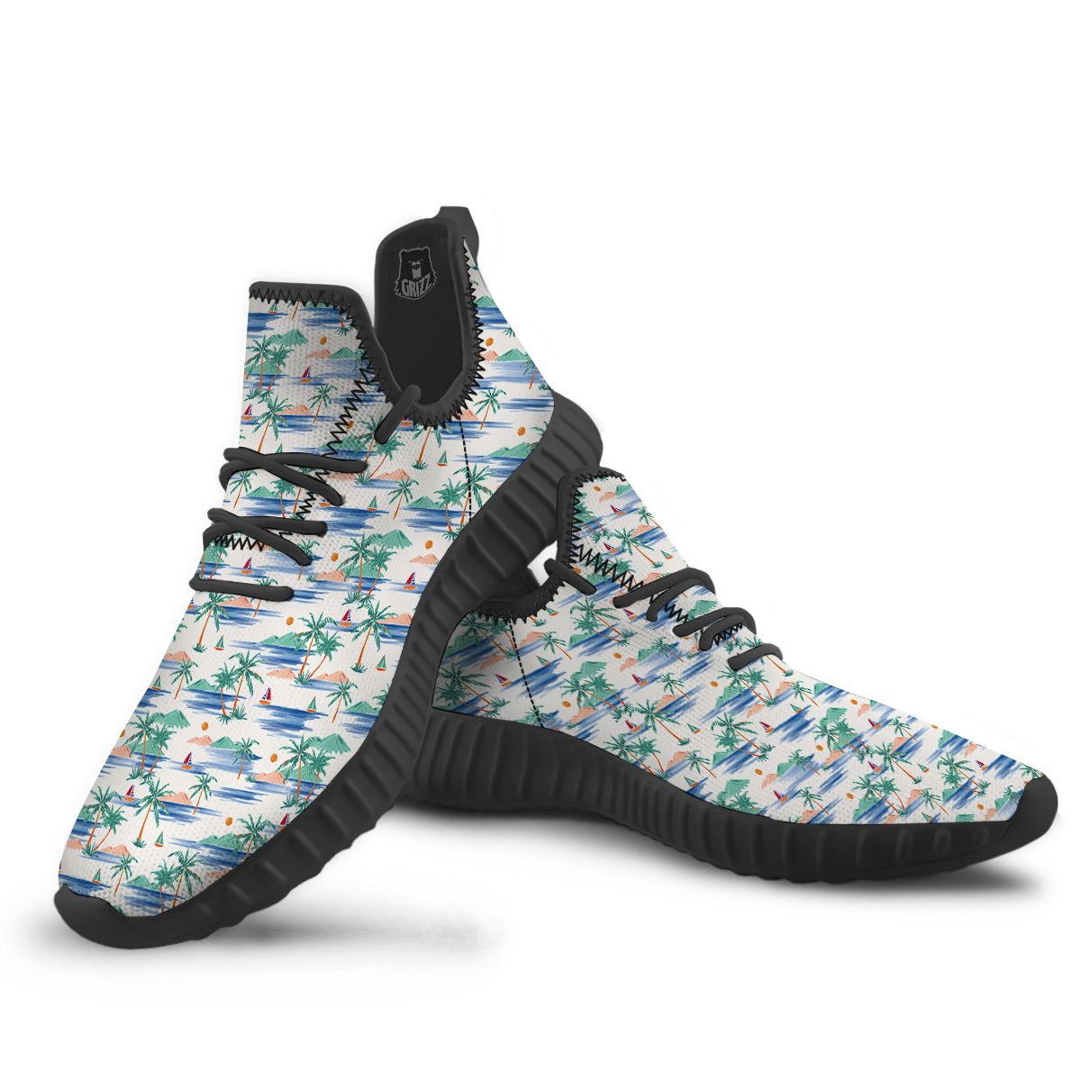Watercolor Summer Island Palm Tree Print Pattern Black Walking Shoes-grizzshop