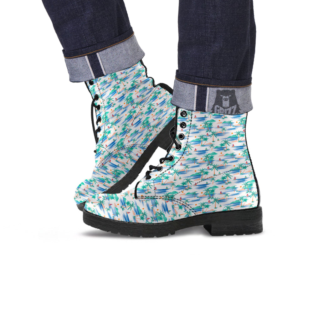 Watercolor Summer Island Palm Tree Print Pattern Leather Boots-grizzshop