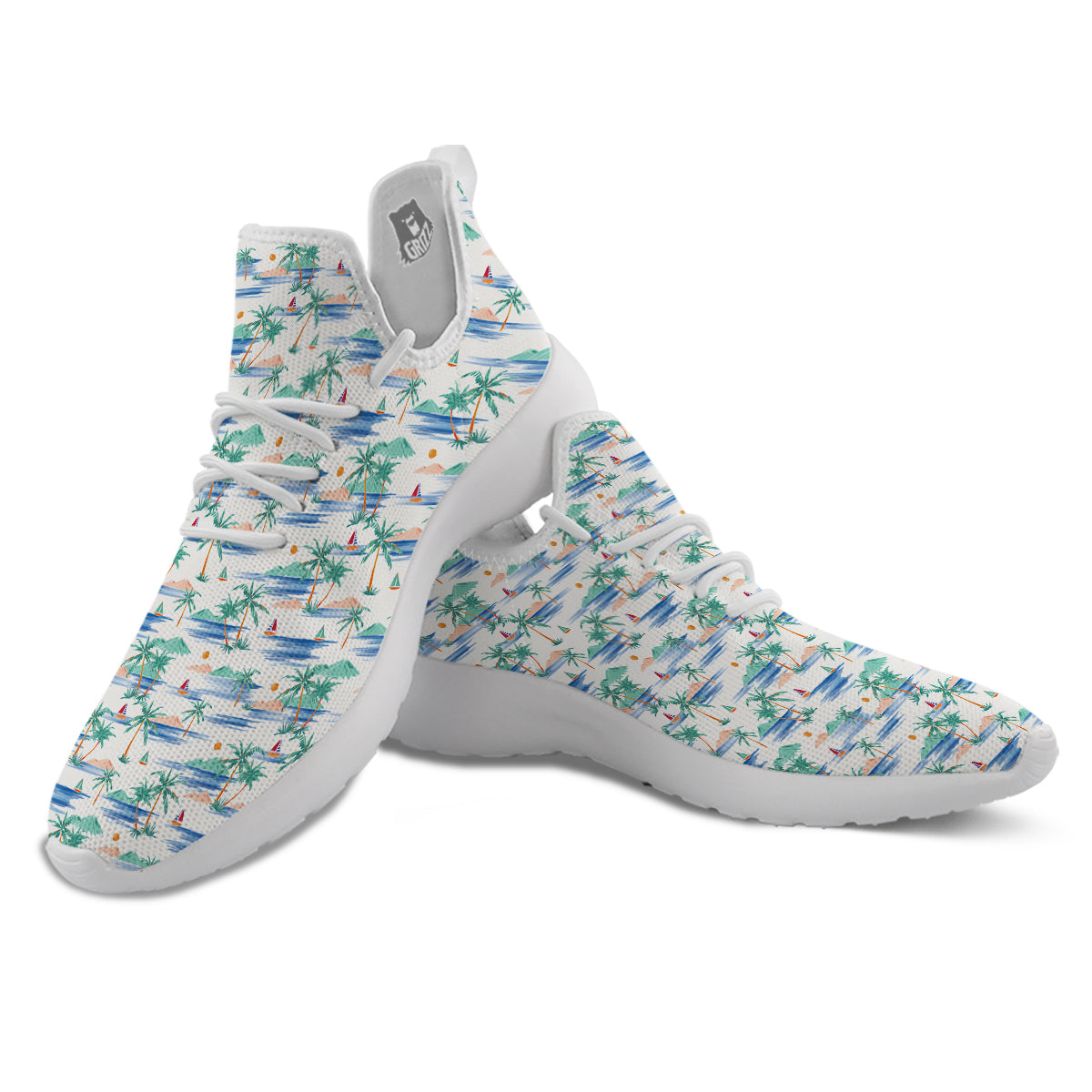 Watercolor Summer Island Palm Tree Print Pattern White Athletic Shoes-grizzshop