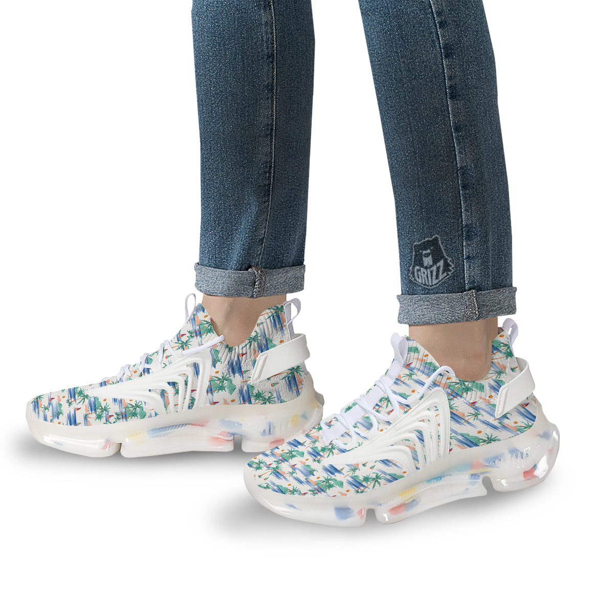 Watercolor Summer Island Palm Tree Print Pattern White Gym Shoes-grizzshop