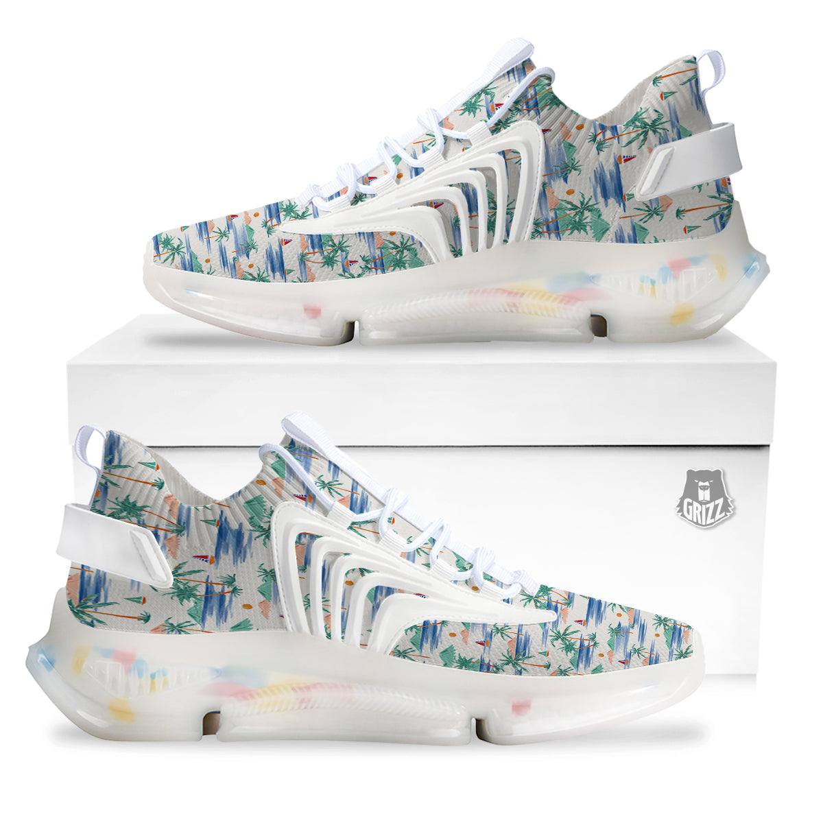 Watercolor Summer Island Palm Tree Print Pattern White Gym Shoes-grizzshop