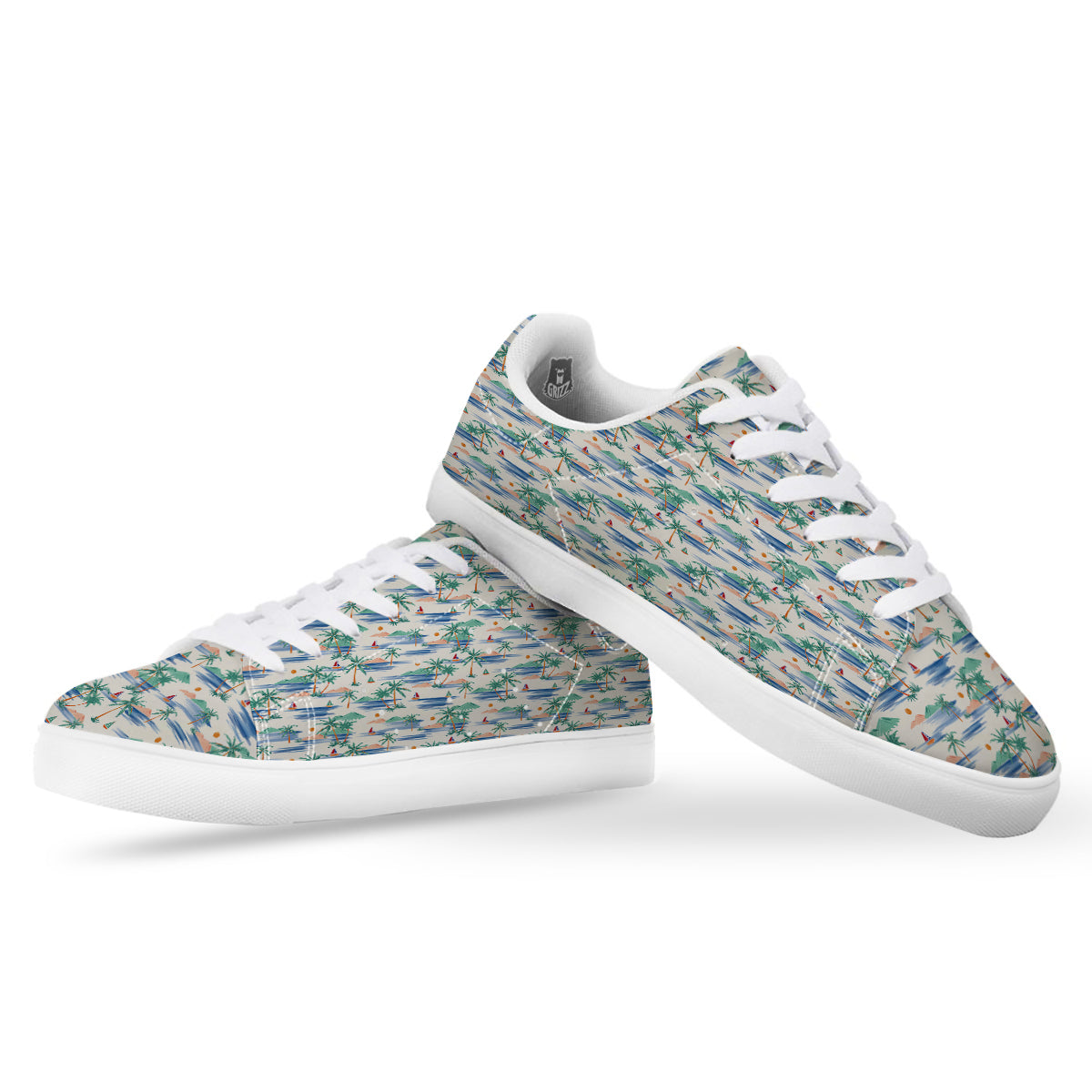 Watercolor Summer Island Palm Tree Print Pattern White Low Top Sneakers-grizzshop