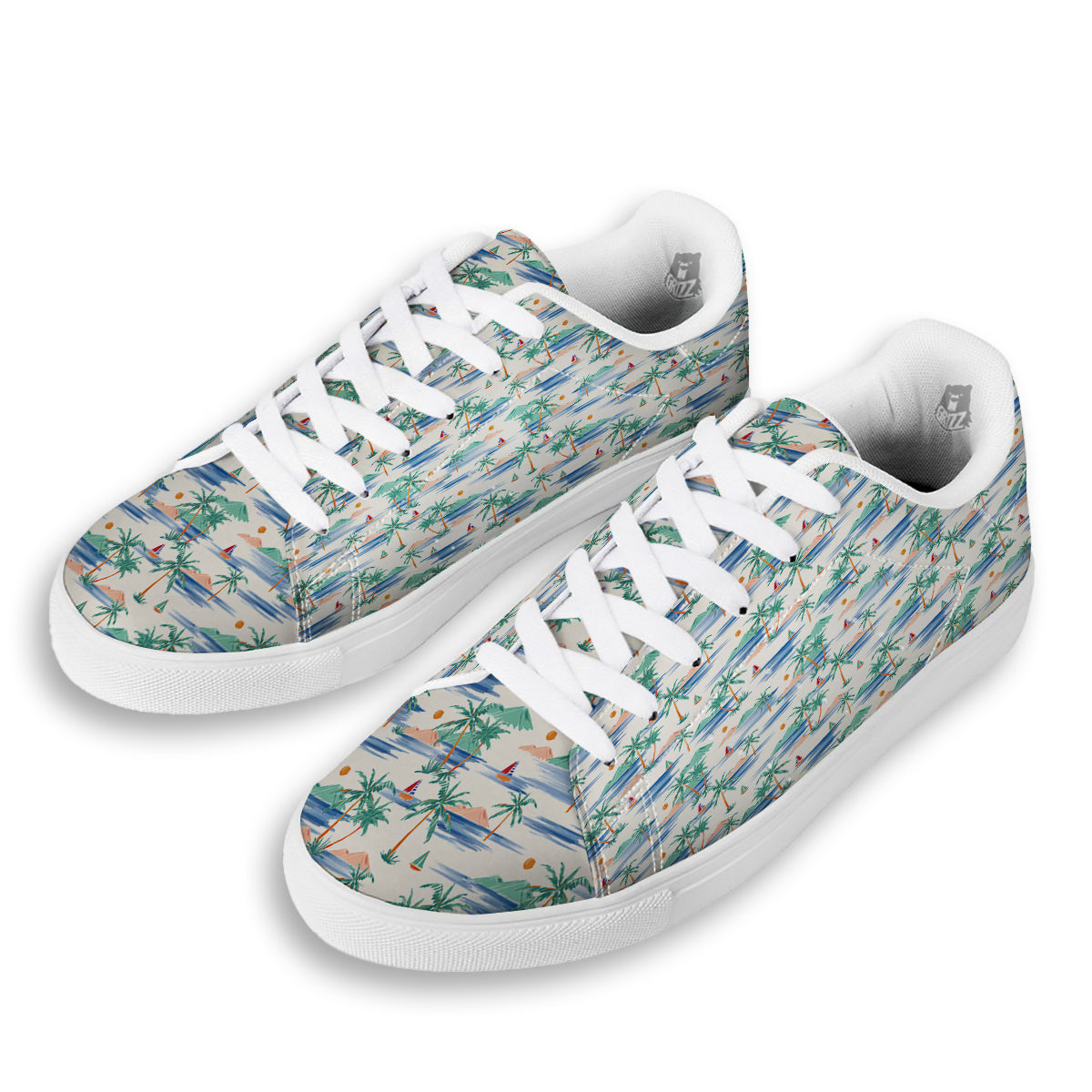 Watercolor Summer Island Palm Tree Print Pattern White Low Top Sneakers-grizzshop