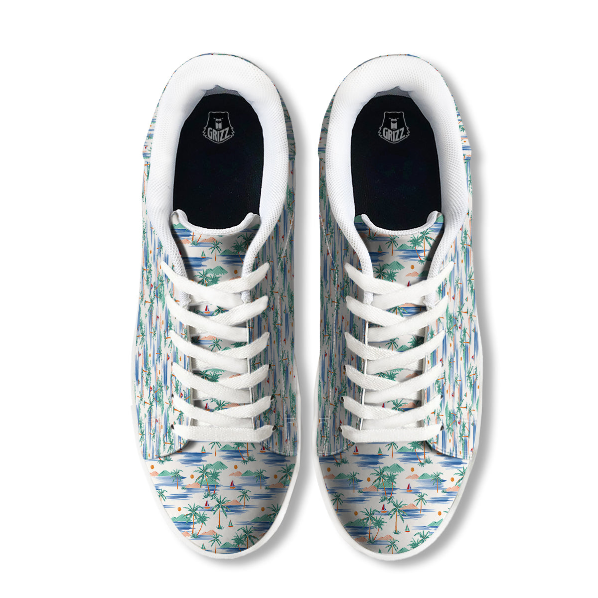 Watercolor Summer Island Palm Tree Print Pattern White Low Top Sneakers-grizzshop