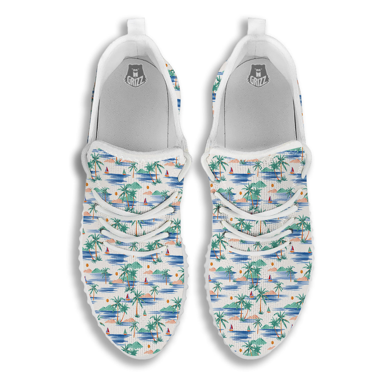 Watercolor Summer Island Palm Tree Print Pattern White Walking Shoes-grizzshop