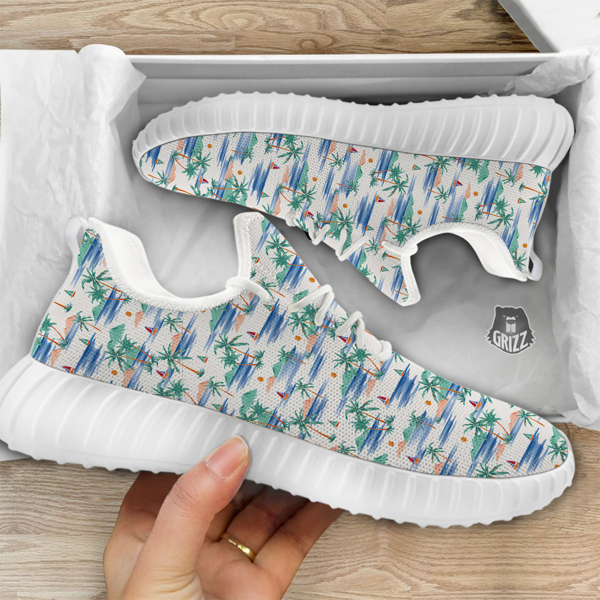 Watercolor Summer Island Palm Tree Print Pattern White Walking Shoes-grizzshop
