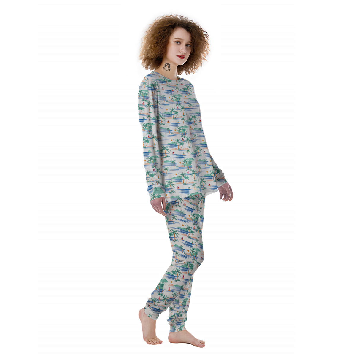Watercolor Summer Island Palm Tree Print Pattern Women's Pajamas-grizzshop