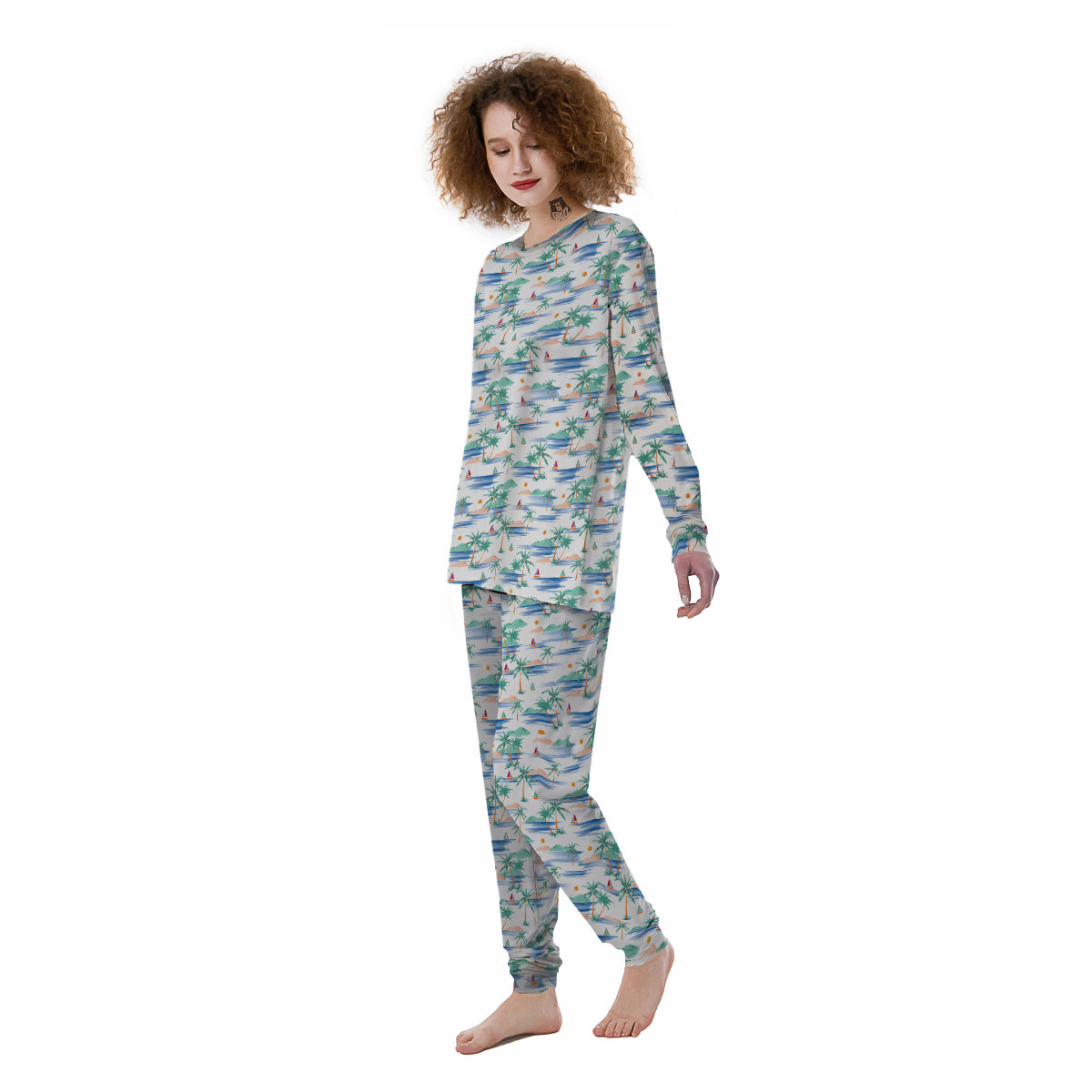 Watercolor Summer Island Palm Tree Print Pattern Women's Pajamas-grizzshop