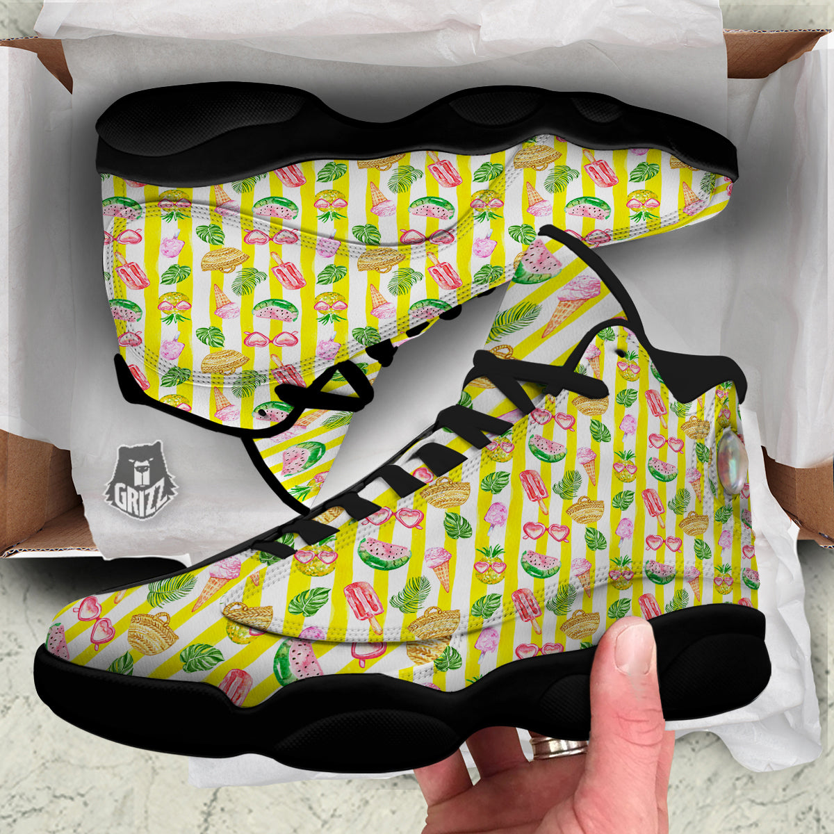 Watercolor Summer Yellow Stripe Print Pattern Black Basketball Shoes-grizzshop