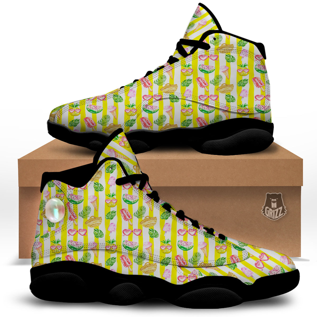 Watercolor Summer Yellow Stripe Print Pattern Black Basketball Shoes-grizzshop