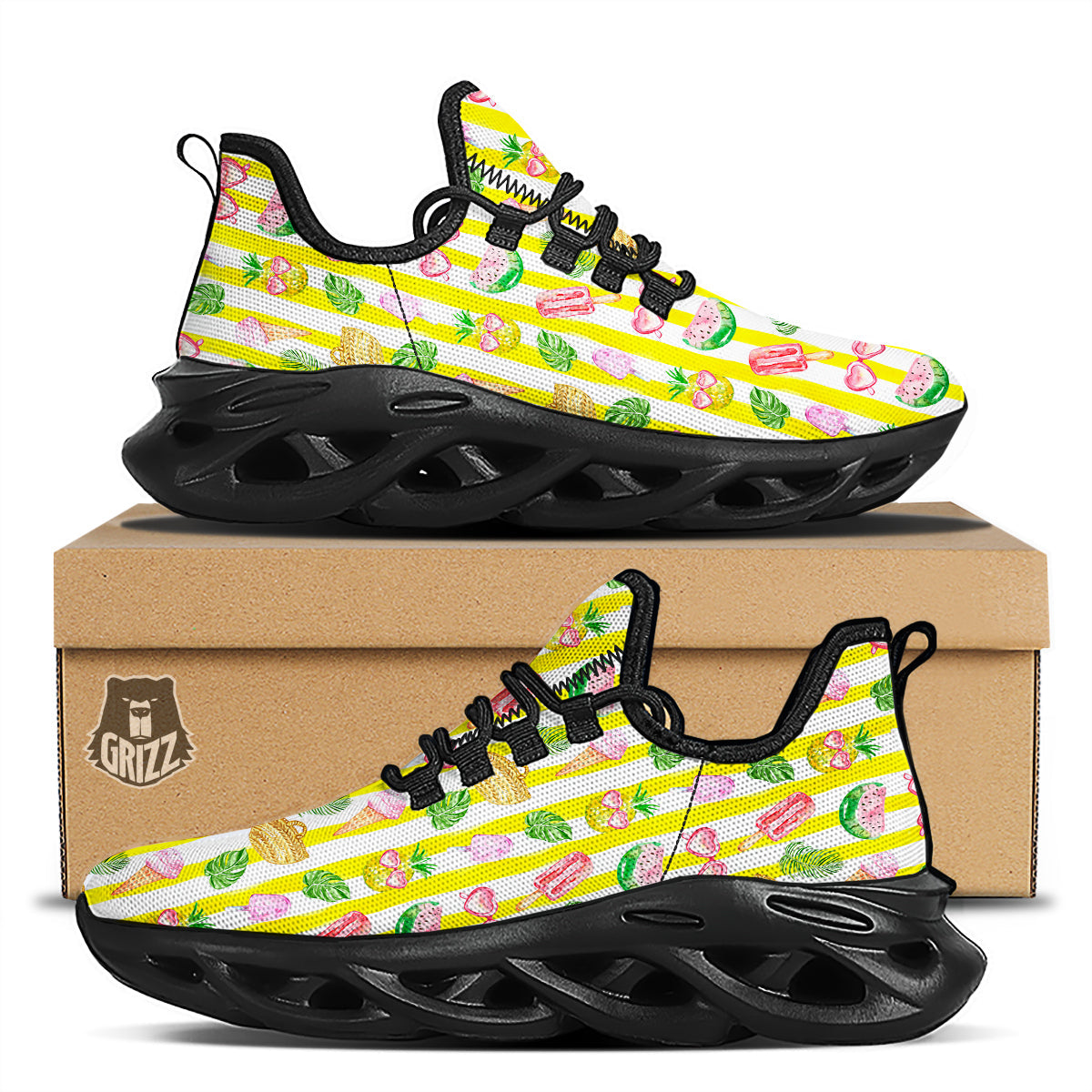 Watercolor Summer Yellow Stripe Print Pattern Black Running Shoes-grizzshop