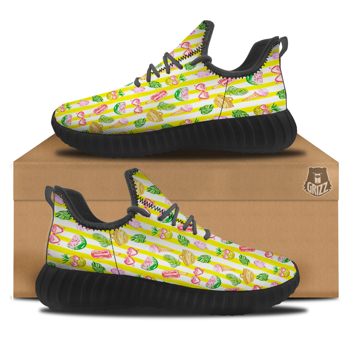 Watercolor Summer Yellow Stripe Print Pattern Black Walking Shoes-grizzshop