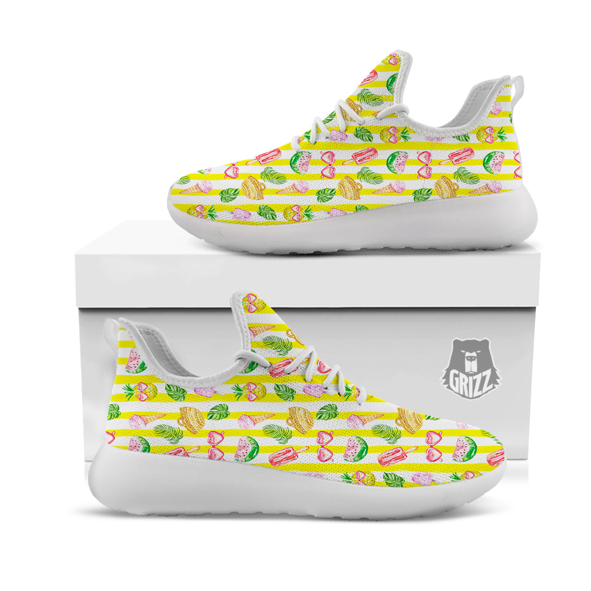 Watercolor Summer Yellow Stripe Print Pattern White Athletic Shoes-grizzshop