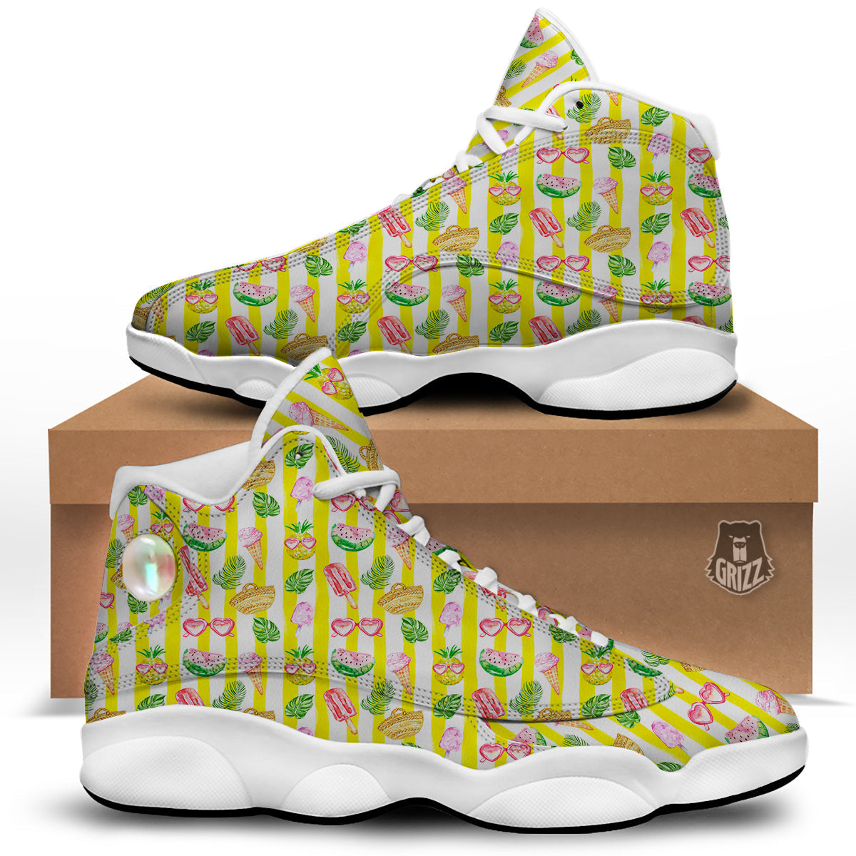 Watercolor Summer Yellow Stripe Print Pattern White Basketball Shoes-grizzshop