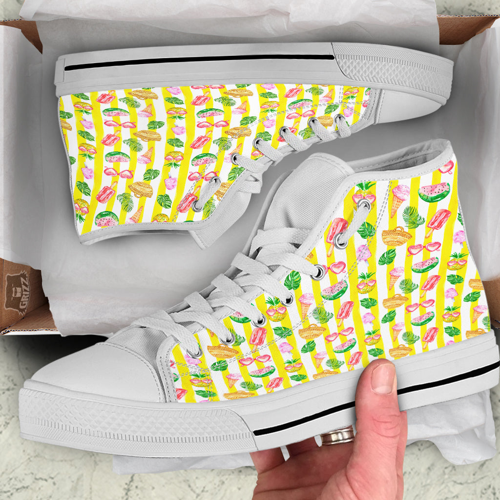 Watercolor Summer Yellow Stripe Print Pattern White High Top Shoes-grizzshop