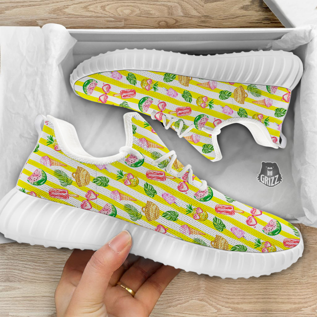 Watercolor Summer Yellow Stripe Print Pattern White Walking Shoes-grizzshop