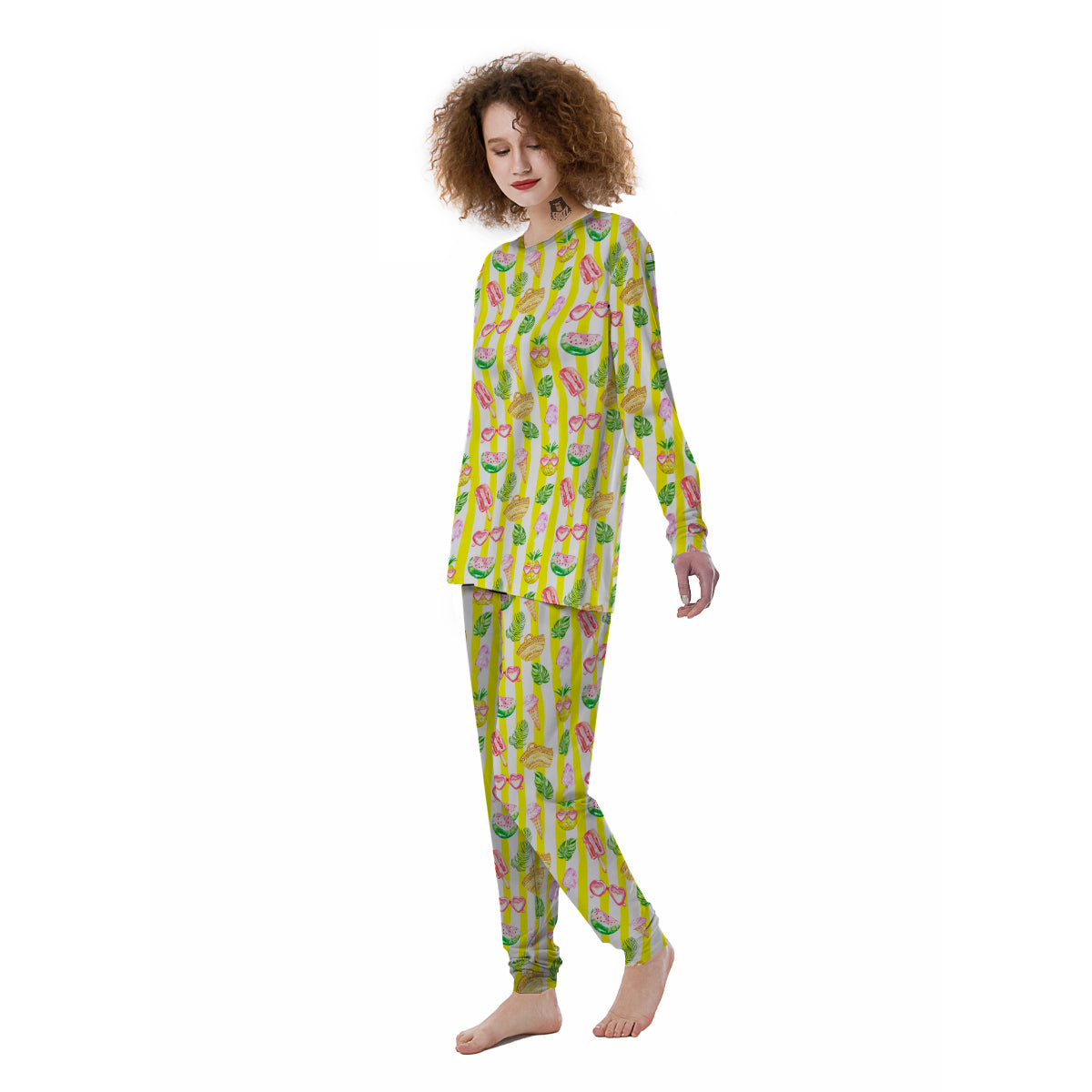 Watercolor Summer Yellow Stripe Print Pattern Women's Pajamas-grizzshop