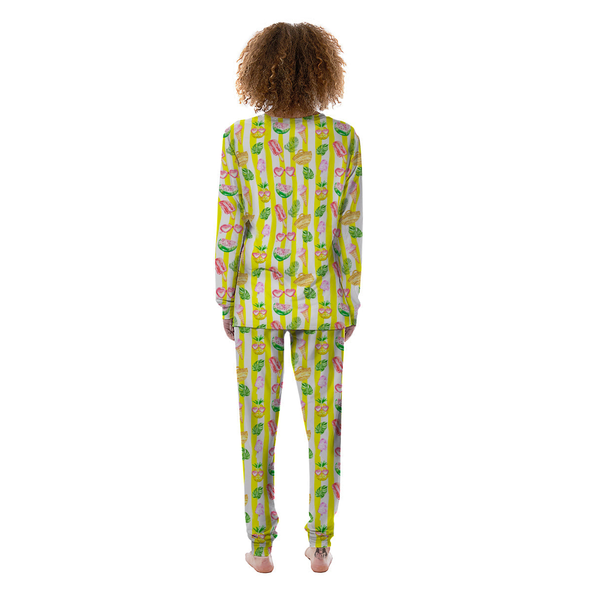 Watercolor Summer Yellow Stripe Print Pattern Women's Pajamas-grizzshop