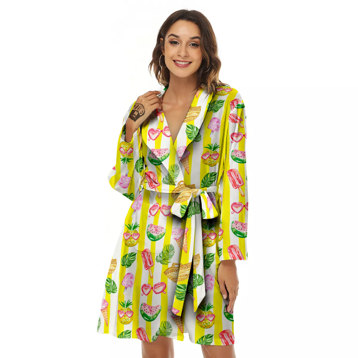 Watercolor Summer Yellow Stripe Print Pattern Women's Robe-grizzshop