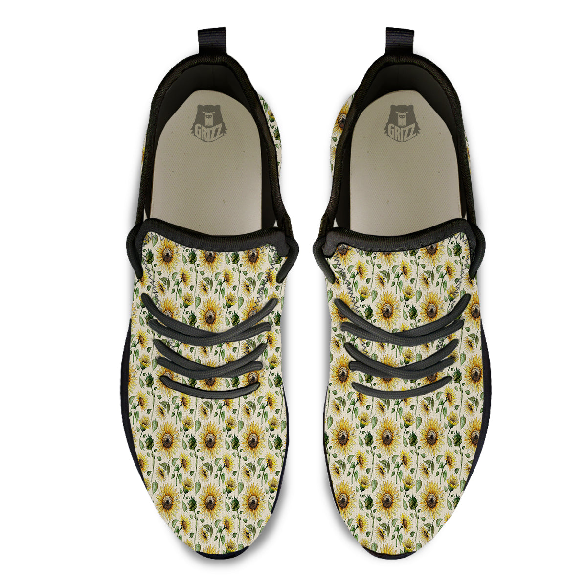 Watercolor Sunflower Beige Print Pattern Black Athletic Shoes-grizzshop