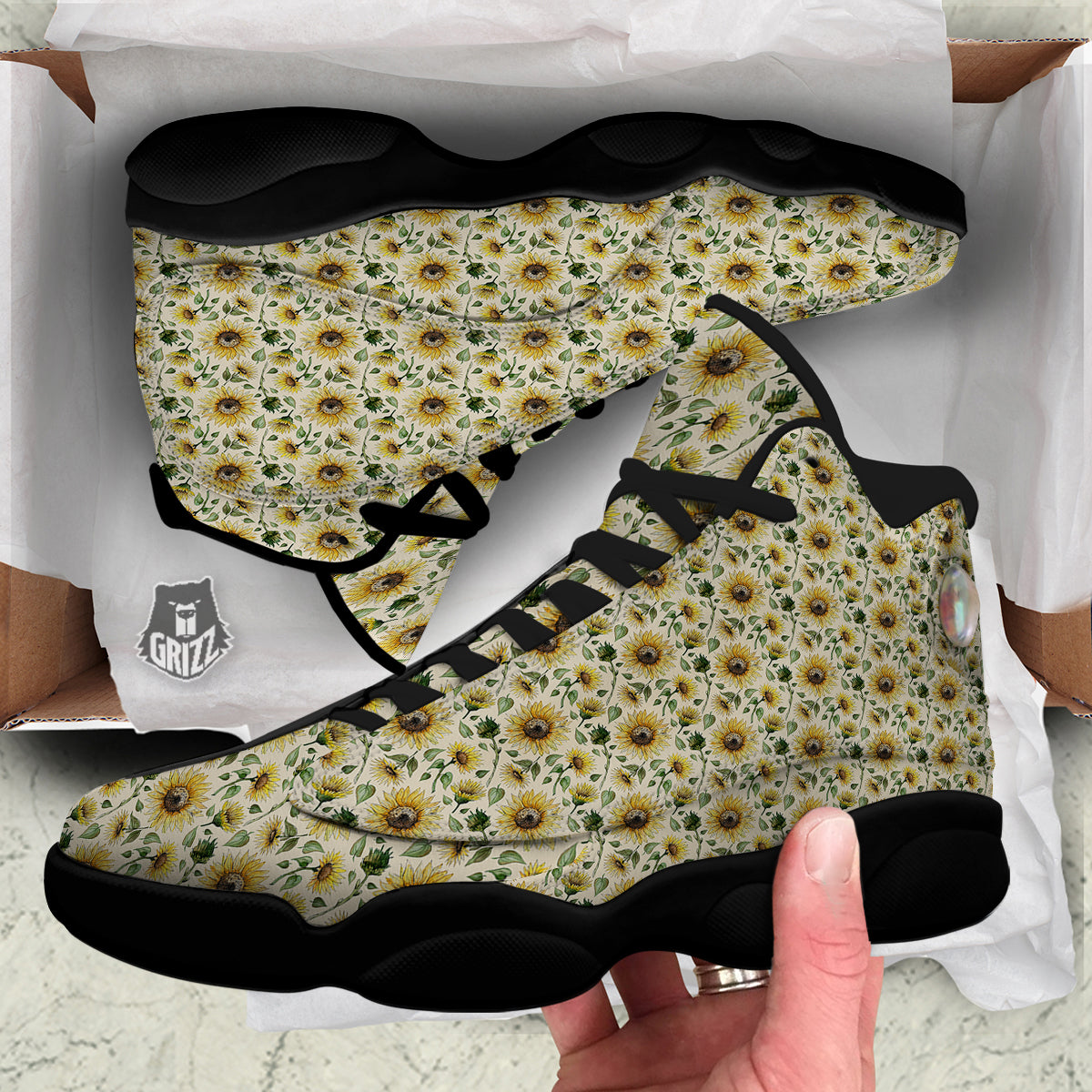 Watercolor Sunflower Beige Print Pattern Black Basketball Shoes-grizzshop