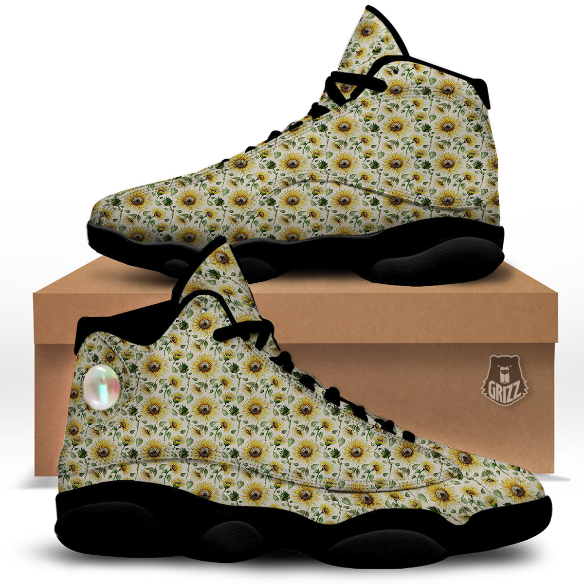 Watercolor Sunflower Beige Print Pattern Black Basketball Shoes-grizzshop