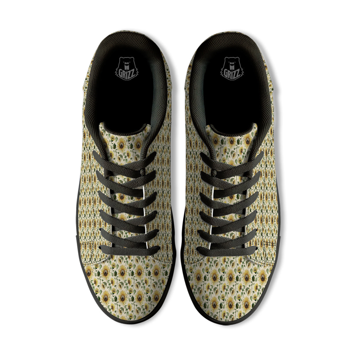 Watercolor Sunflower Beige Print Pattern Black Low Top Sneakers-grizzshop