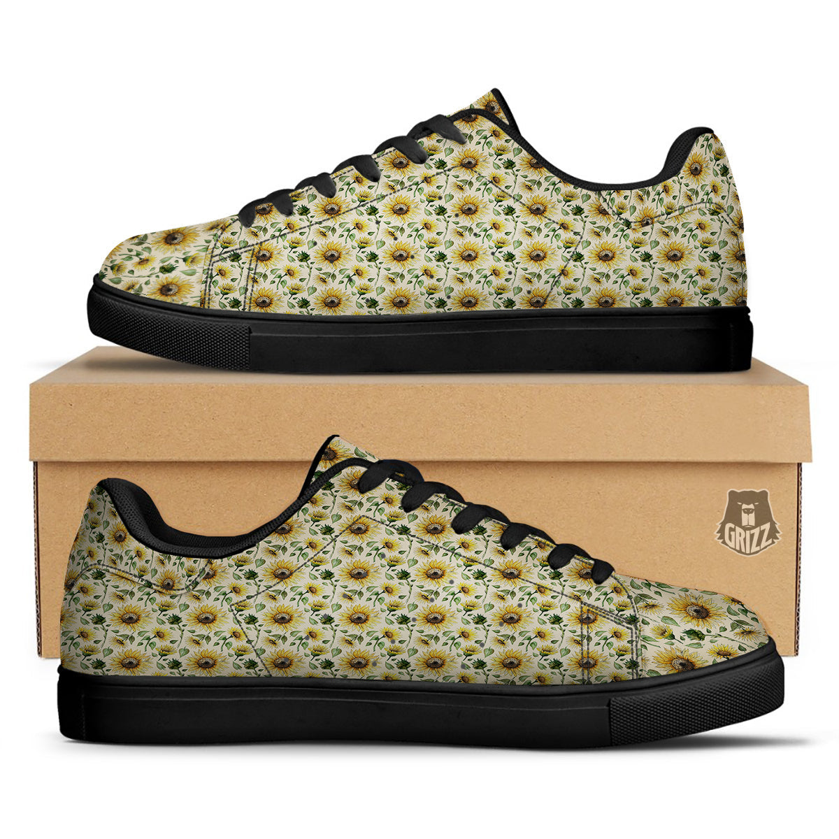 Watercolor Sunflower Beige Print Pattern Black Low Top Sneakers-grizzshop