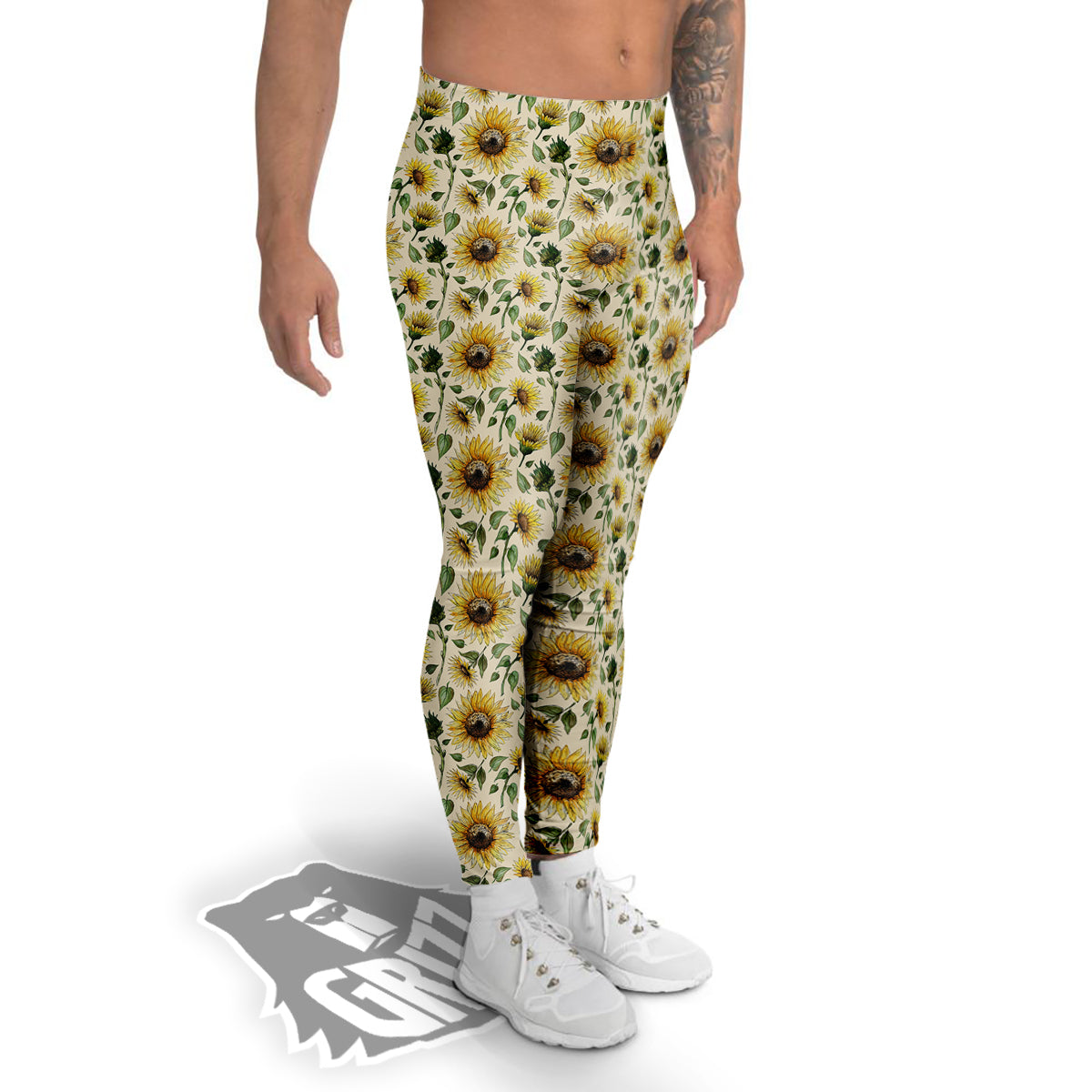 Watercolor Sunflower Beige Print Pattern Men's Leggings-grizzshop