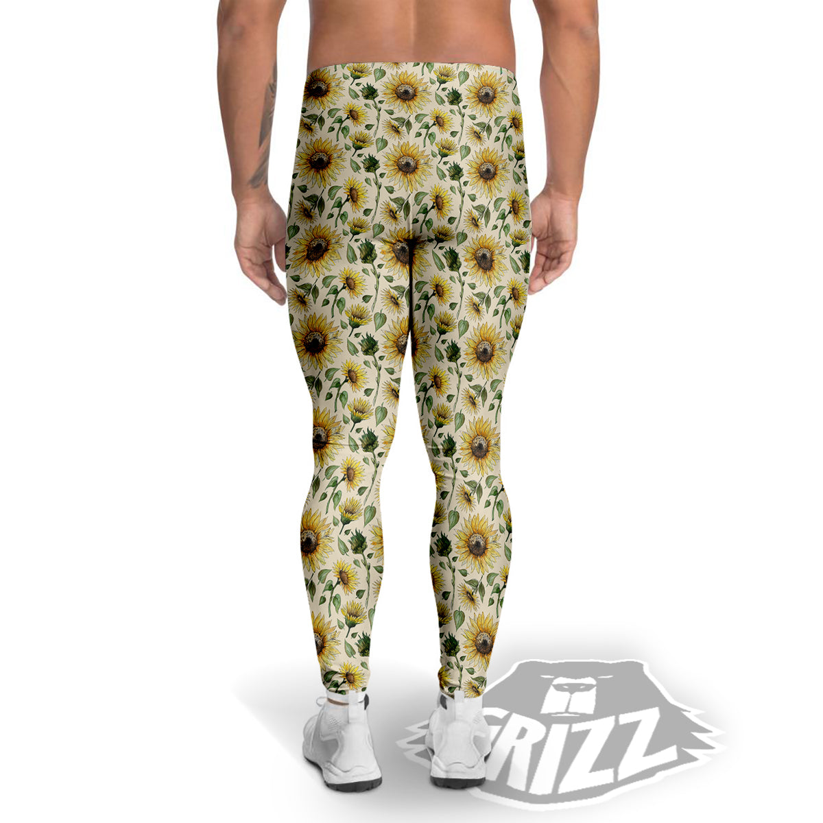 Watercolor Sunflower Beige Print Pattern Men's Leggings-grizzshop