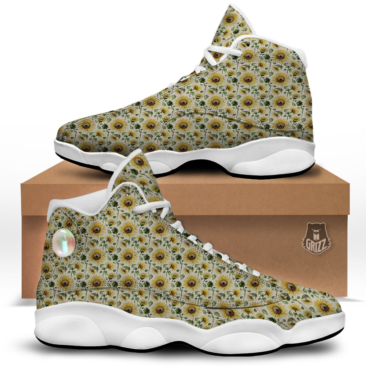 Watercolor Sunflower Beige Print Pattern White Basketball Shoes-grizzshop