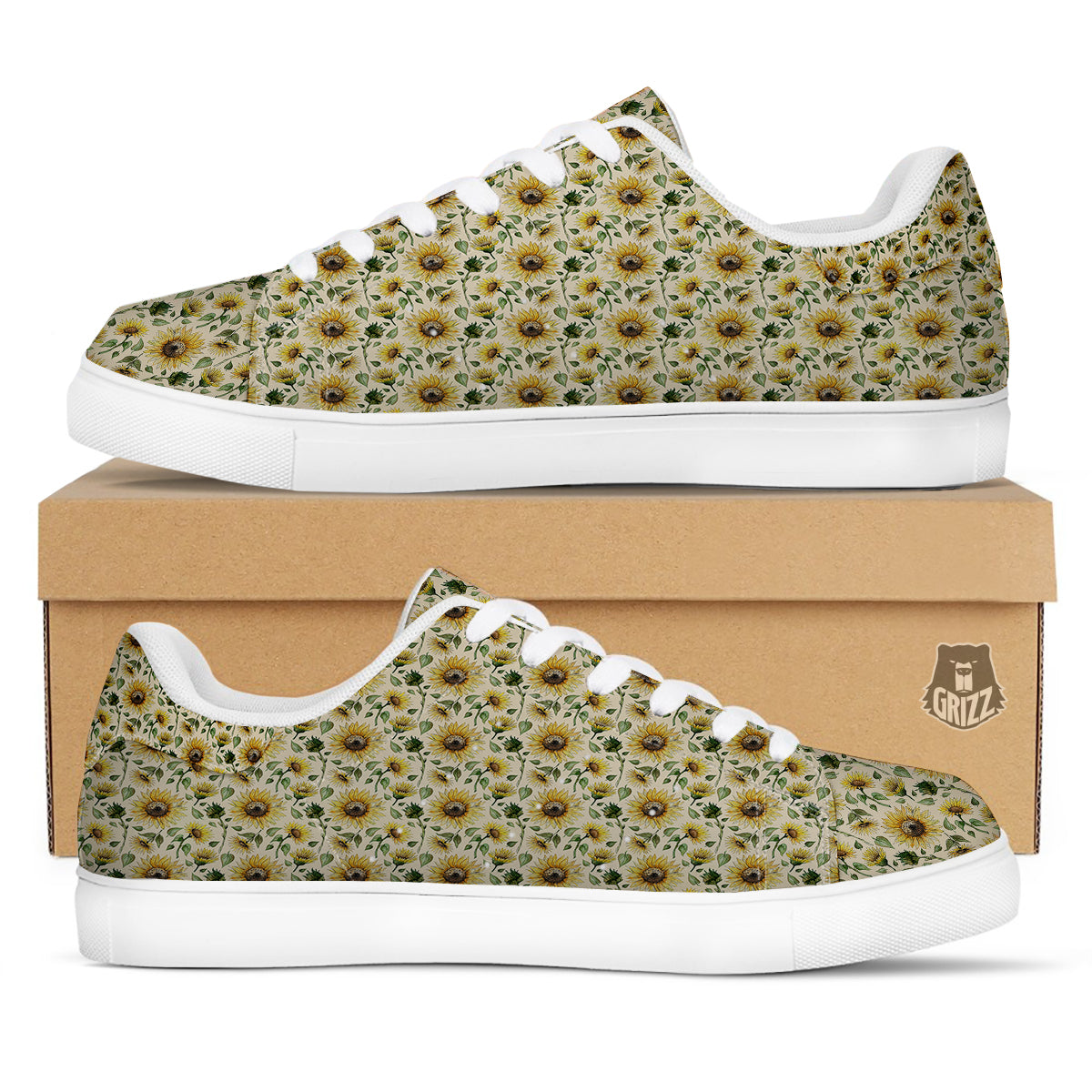 Watercolor Sunflower Beige Print Pattern White Low Top Sneakers-grizzshop