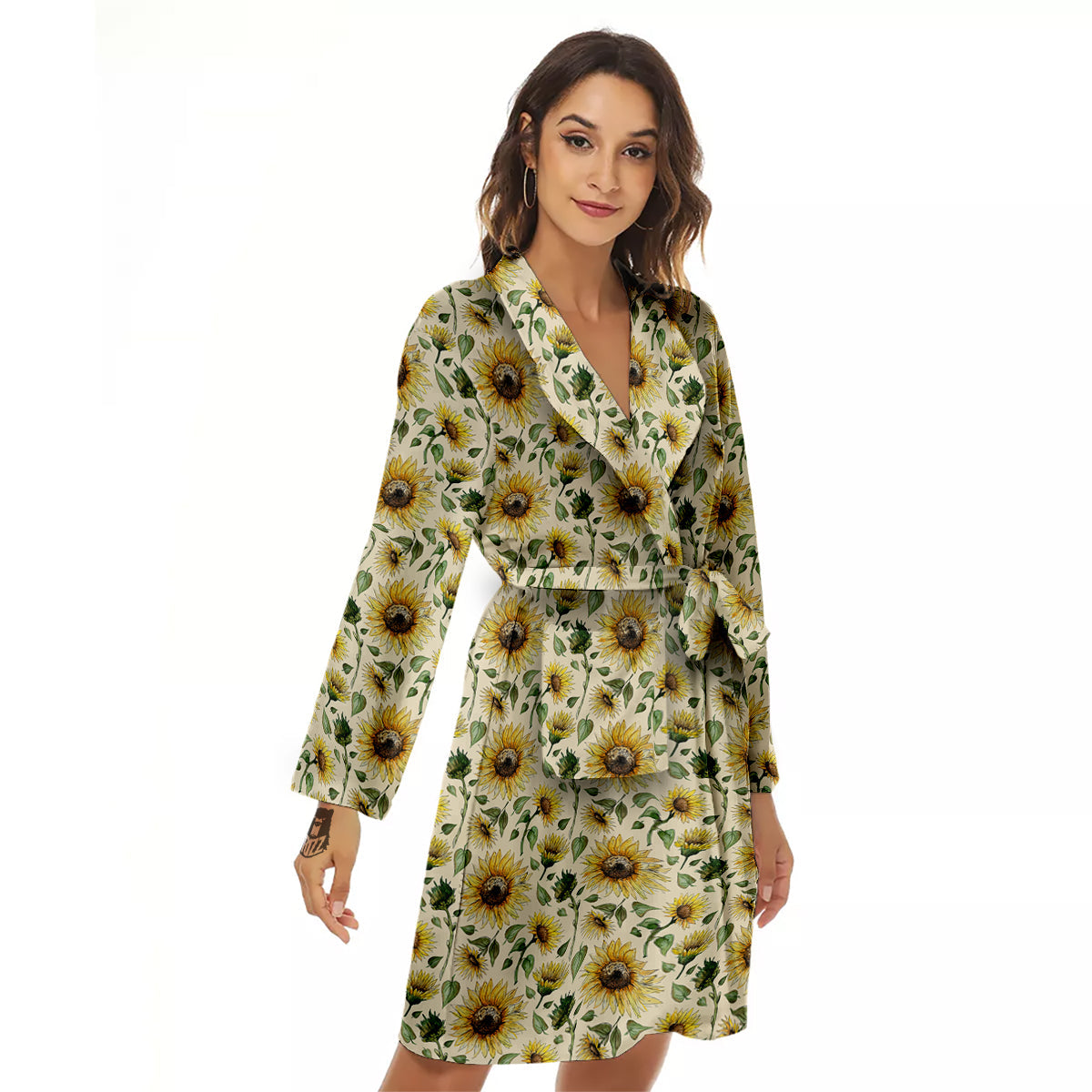 Watercolor Sunflower Beige Print Pattern Women's Robe-grizzshop