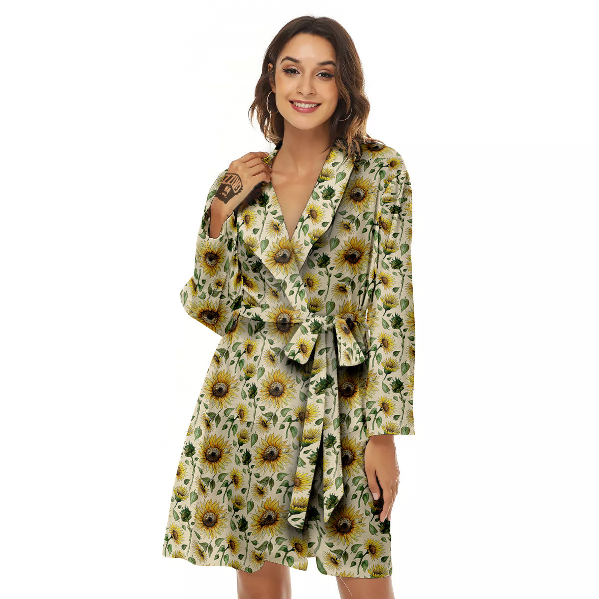 Watercolor Sunflower Beige Print Pattern Women's Robe-grizzshop